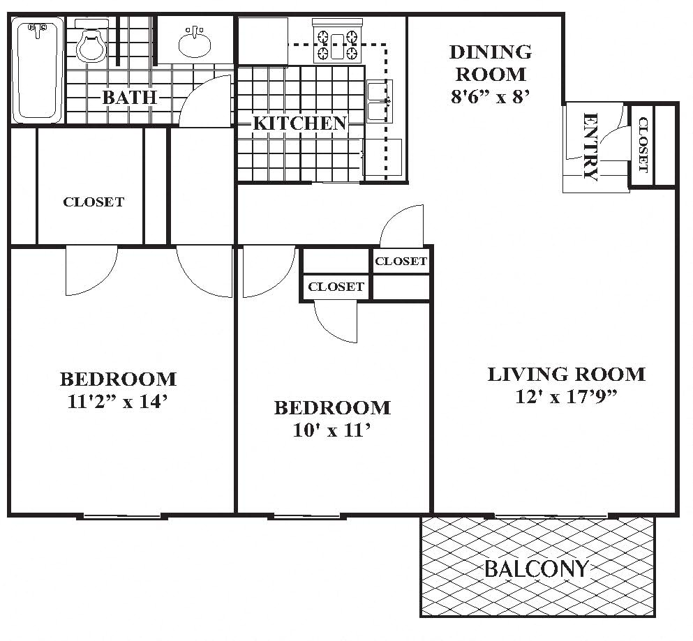 Floor plan for 2 beds, 1 bath, 897 sqft